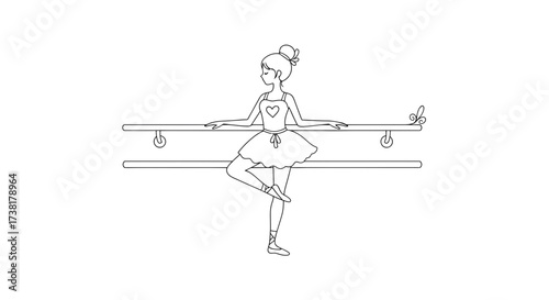 Elegant ballerina practicing dance routine at the barre in graceful outline style