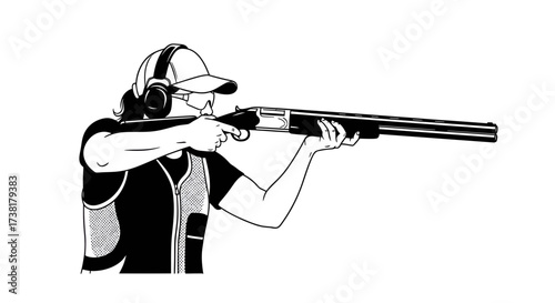 Focused sportswoman aiming with shotgun illustration in black and white graphic style