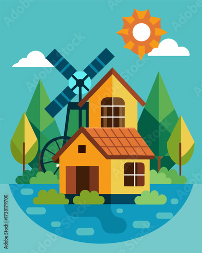 A picturesque watermill its traditional design now accompanied by solar panels harnessing both natural and renewable sources of energy.. Vector illustration