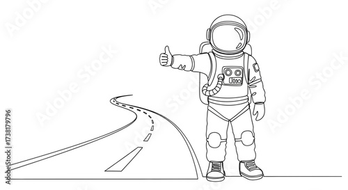 Hitchhiking astronaut with thumbs up on a winding road in continuous line art style