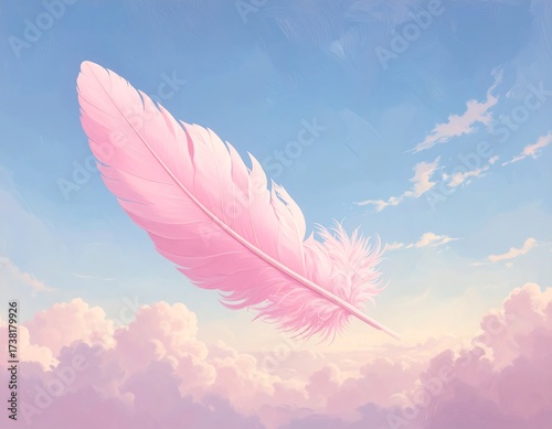 Pink feather floating in a pastel sky