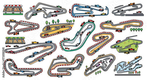 Illustration showcasing various race tracks with cars in bright and playful design