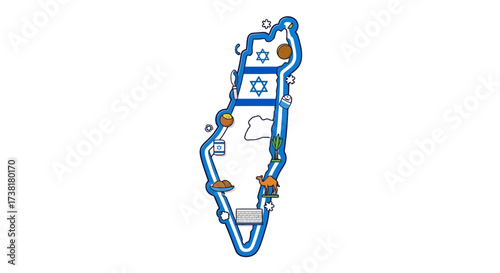 Illustrative Map of Israel Featuring National Symbols and Cultural Landmarks Representation