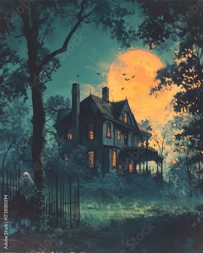 a whimsical halloween night scene with ghostly figures peeking from behind a pastel haunted mansion, soft shadows