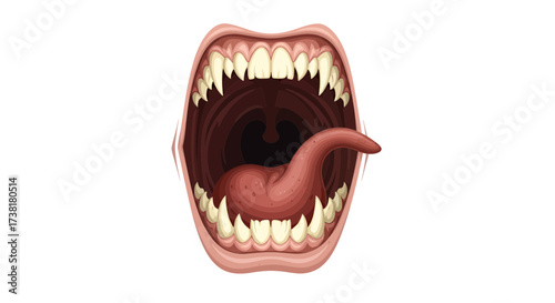 Menacing maw with razor-sharp teeth and wriggling tongue illustration on white
