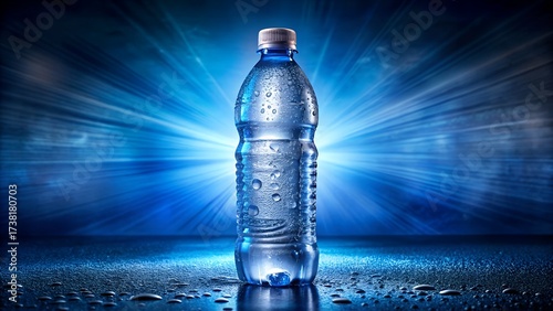 Wallpaper Mural Cold bottle of mineral water with condensation droplets on a dark blue background with light rays Torontodigital.ca