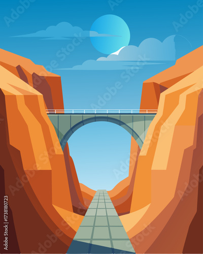A narrow arched bridge traversing a canyon fitted with discreet solar panels that line its edges.. Vector illustration