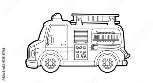 Outlined fire truck illustration designed for coloring pages and children's activity books