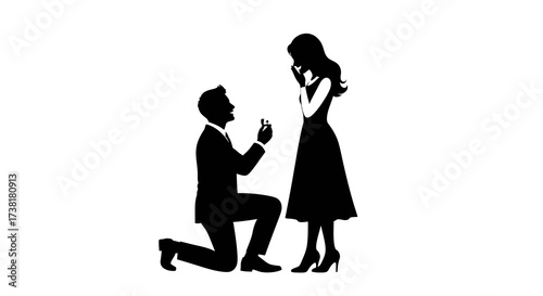 Romantic proposal scene silhouette: Man kneeling to propose to his girlfriend with a ring
