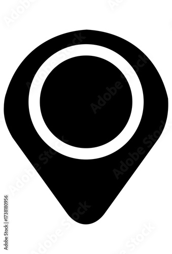 Solid black GPS map location pin icon or pointer. Minimalist symbol for navigation or place finding. Map marker with a central circle solid design.