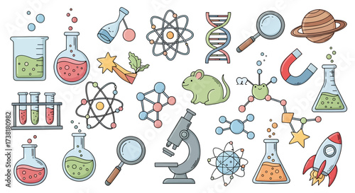 Scientific exploration and discovery themed doodle set with playful illustrations and bright colors