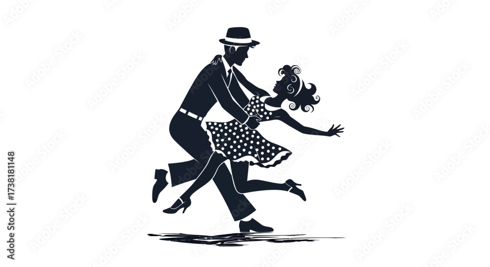 Fototapeta premium Silhouette of a dancing couple in retro style displaying energetic and playful movement
