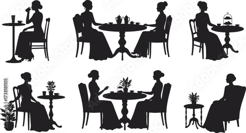 Elegant silhouettes of women at tables with tea, plants, and desserts, ideal for vintage, lifestyle, social gathering, and vector design themes