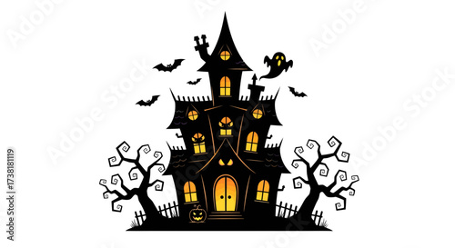 Silhouette of a creepy halloween haunted house with bats and spooky trees scene