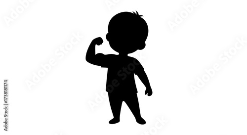 Silhouette of a strong boy showing his muscles against a plain background