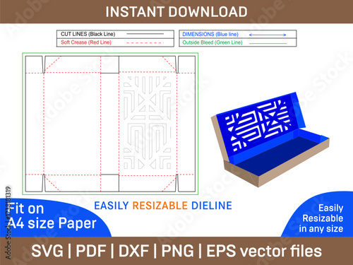 Fashion or Garments clothing packaging box dieline template with Seamless Pattern Lasercut