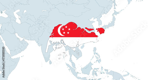 Singapore's national flag superimposed on a map of Asia depicting its geographical location and