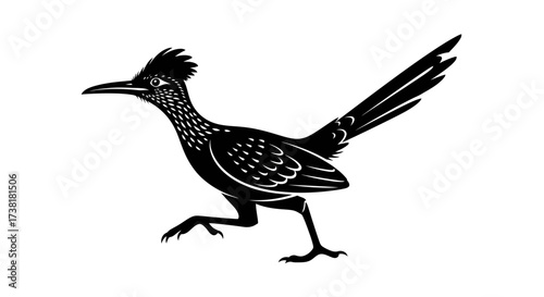 Striking monochrome illustration of a roadrunner in motion capturing its distinctive silhouette