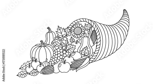 Stylized cornucopia with autumn harvest elements for seasonal celebrations graphic