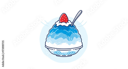 Stylized Japanese shaved ice dessert with blue syrup and a fresh strawberry topping