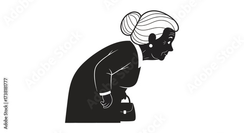 Stylized monochrome illustration of an elderly woman with posture difficulties