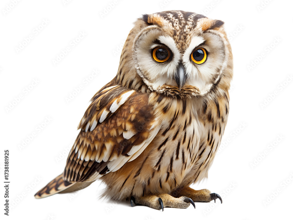 Obraz premium A beautiful shorteared owl isolated on transparent background, looking directly at the camera with big eyes