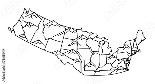 United States topographic outline showcasing mountain ranges within state boundaries stylized map