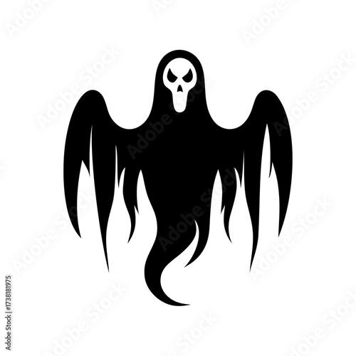 Creepy Ghost Silhouette with Skull Face on White Background. Dark ghostly figure with skull face in black silhouette. Perfect for Halloween, horror themes, tattoos, or spooky graphic designs.

