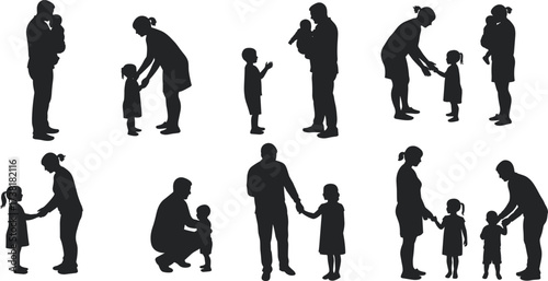 Silhouettes of adults caring for children in various nurturing poses, ideal for parenting, education, family bonding, and caregiving vector design themes