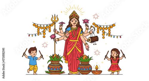 Vibrant illustration of hindu goddess durga with children celebrating navratri festival
