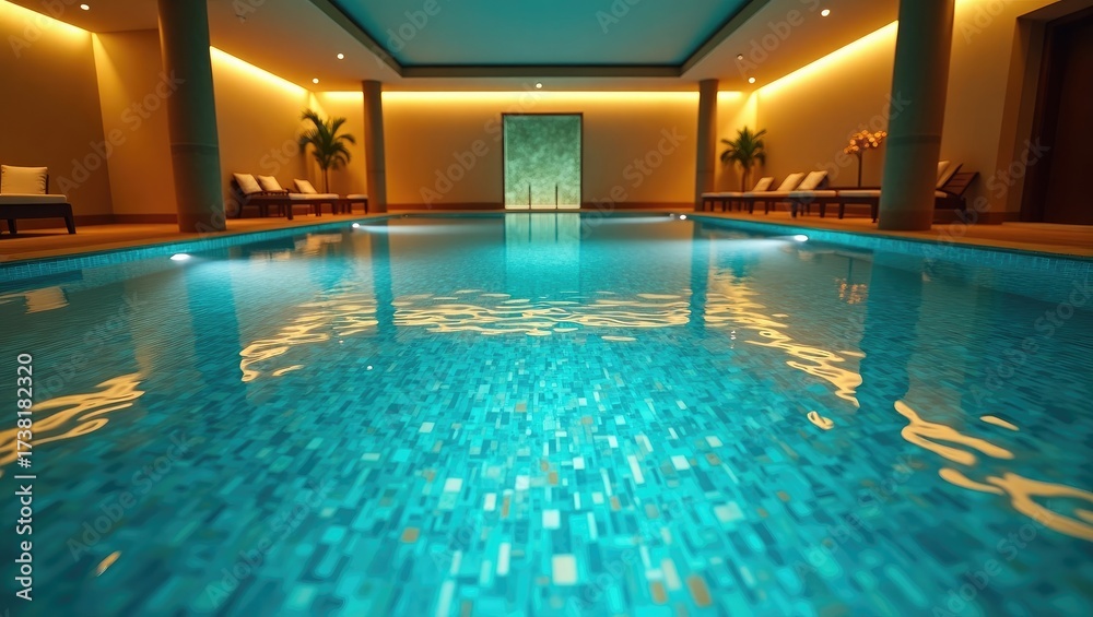 Fototapeta premium Heated pool with mosaic tiles and soft lighting