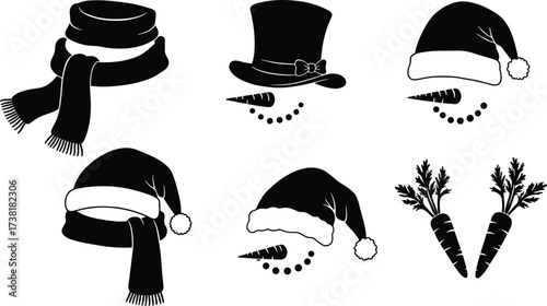 MobileSnowman face silhouettes, carrot nose icons, festive hat design, winter clipart, holiday expression, black vector art, seasonal decoration, scarf element