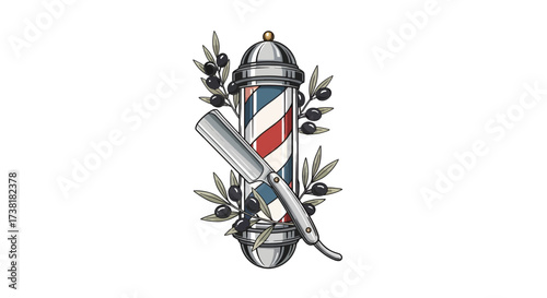 Vintage barber shop symbol with classic pole razor and olive branches illustration