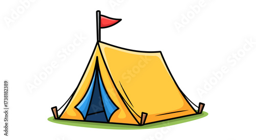 Whimsical camping adventure awaits with an illustrated yellow tent and a playful red flag waving