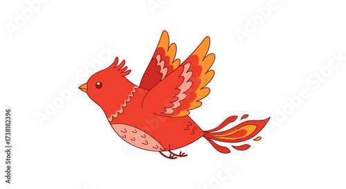 Whimsical cartoon bird with vibrant red plumage in cheerful flight illustration