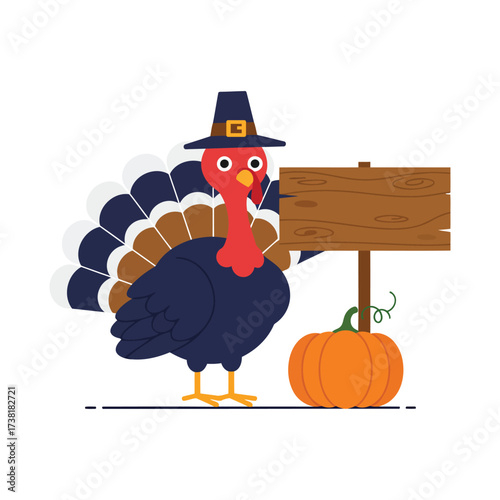 Cartoon turkey wearing a pilgrim hat, standing next to a wooden sign and a pumpkin, celebrating Thanksgiving.