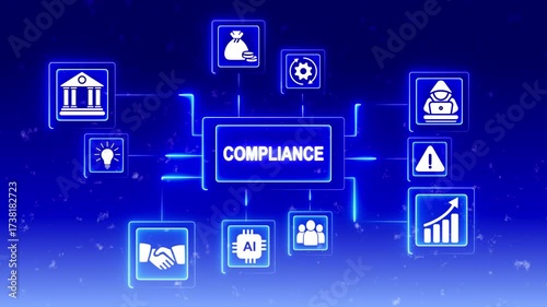 Wallpaper Mural Digital compliance network diagram with glowing blue icons for business finance security Torontodigital.ca