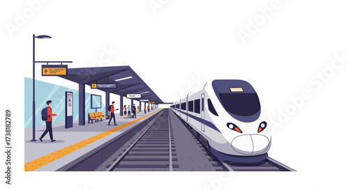 Modern High-Speed Train at Station Platform with Passengers Waiting.