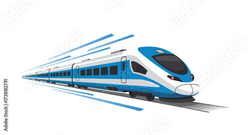 Blue and White High-Speed Train Illustration with Motion Lines.