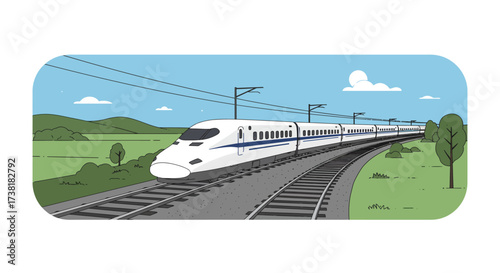 Sleek White Bullet Train on Tracks Modern Transportation Illustration.