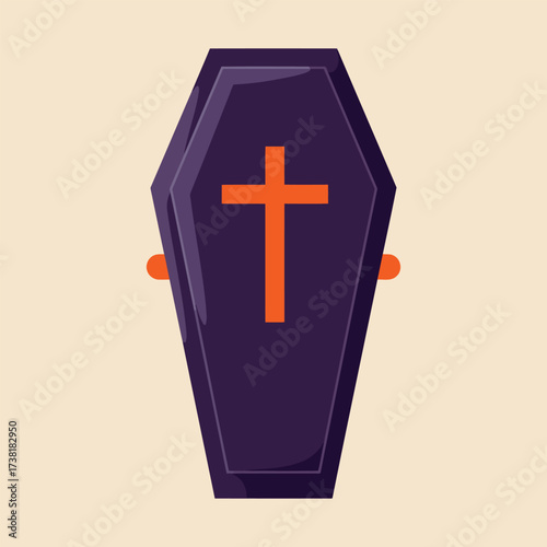 Illustration of a purple coffin with an orange cross on a beige background, a symbol of death.