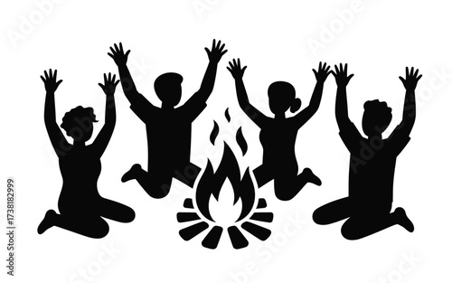 Joyful silhouette figures celebrating around a campfire illustration
