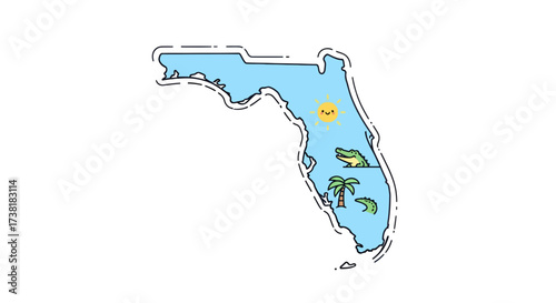 Whimsical outline of Florida state with alligators, palm tree and sunshine illustration