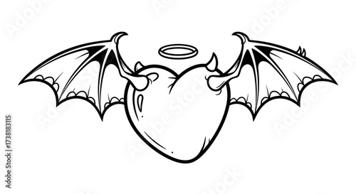 Whimsical paradox: a heart caught between temptation and grace presented in artistic lines