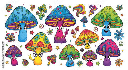 Whimsical mushroom characters with vibrant colors and psychedelic patterns on a white backdrop