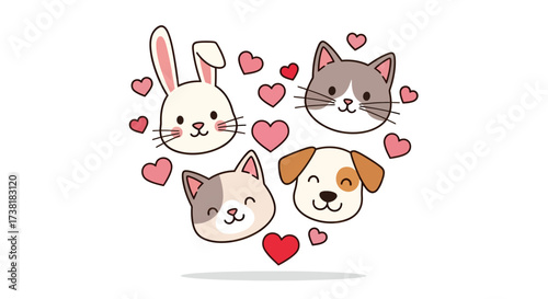 Whimsical Pet Pals: Cartoon Rabbit, Cats, and Dog Forming a Heart with Lovable Emoticons