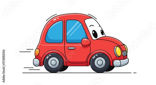 Whimsical red cartoon car hurtling down the road with a friendly face expression