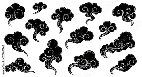 Whimsical vector illustration featuring an assortment of stylized monochrome cloud formations