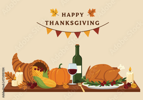 Happy Thanksgiving greeting with a festive dinner table featuring a roasted turkey, wine, pumpkin, and cornucopia.