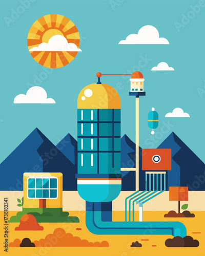 A powerful combination of science and nature a solarpowered desalination plant efficiently purifies seawater creating a reliable source of freshwater for a desert city.. Vector illustration